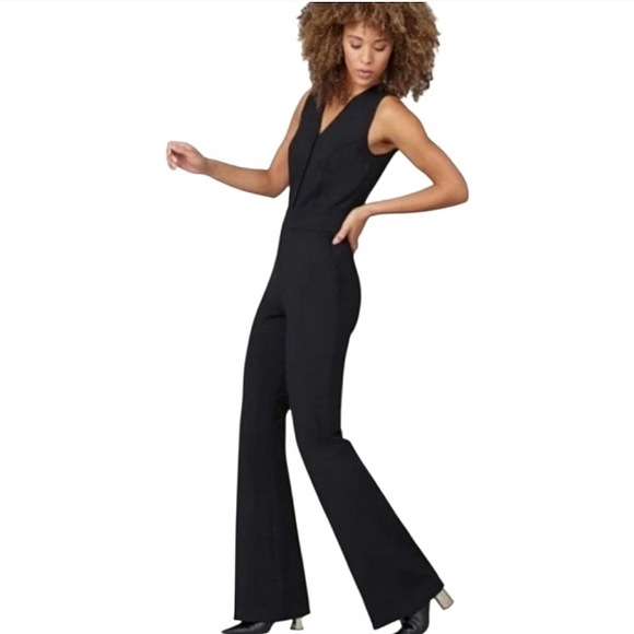SPANX Perfect Sleeveless Jumpsuit Classic Black Ponte Flare Leg V-neck Slimming - Picture 4 of 16